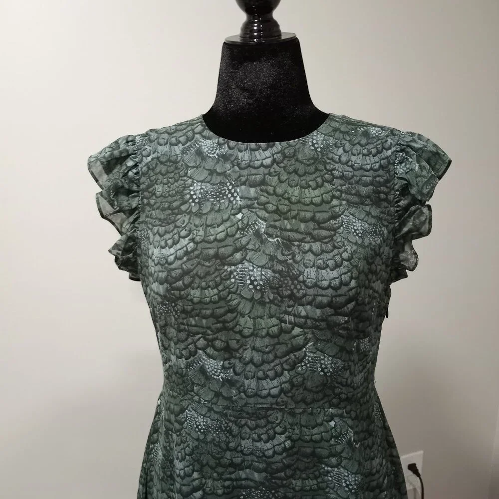 Feather Printed Midi Flounce Dress - Feather Bottle Green Women Size 40 - Picture 8 of 8